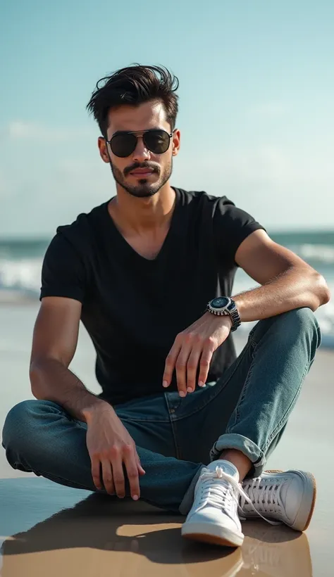 Create a book cover featuring a handsome and cool looking guy .   Galantiador like a handsome villain ,  with unrealistic and sensual good looks with beautiful gray eyes ,  black hair wearing jeans t-shirt sports shoes wearing sunglasses while sitting on t...