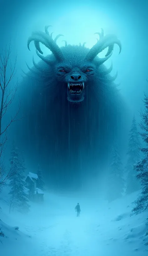 The Krampus with sharp claws shining under the moonlight and a wide, sinister smile;  a snow-covered village in the background under an icy, moonlit sky