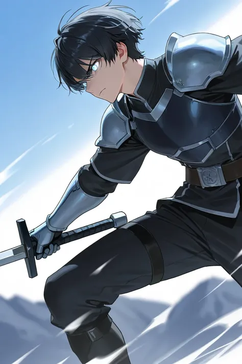 A man that is 23 years old. He has black hair and sky blue cold eyes. Hes serious and tall. He is wearing black clothes and have a sword. 