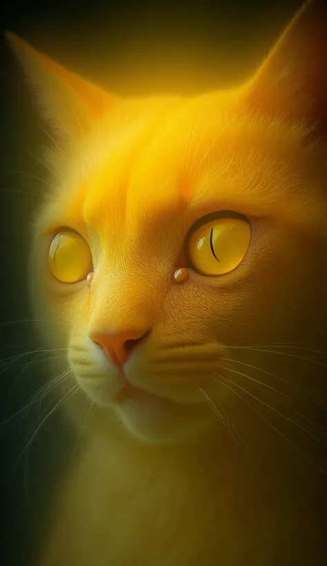 create futuristic and hyper realistic Extreme close-up photo of a yellow cat with soft, silky fur, showing its expressive face against a dark, neutral background. The cats large, round eyes are striking yellow, full of emotion, and sparkling with detail. w...