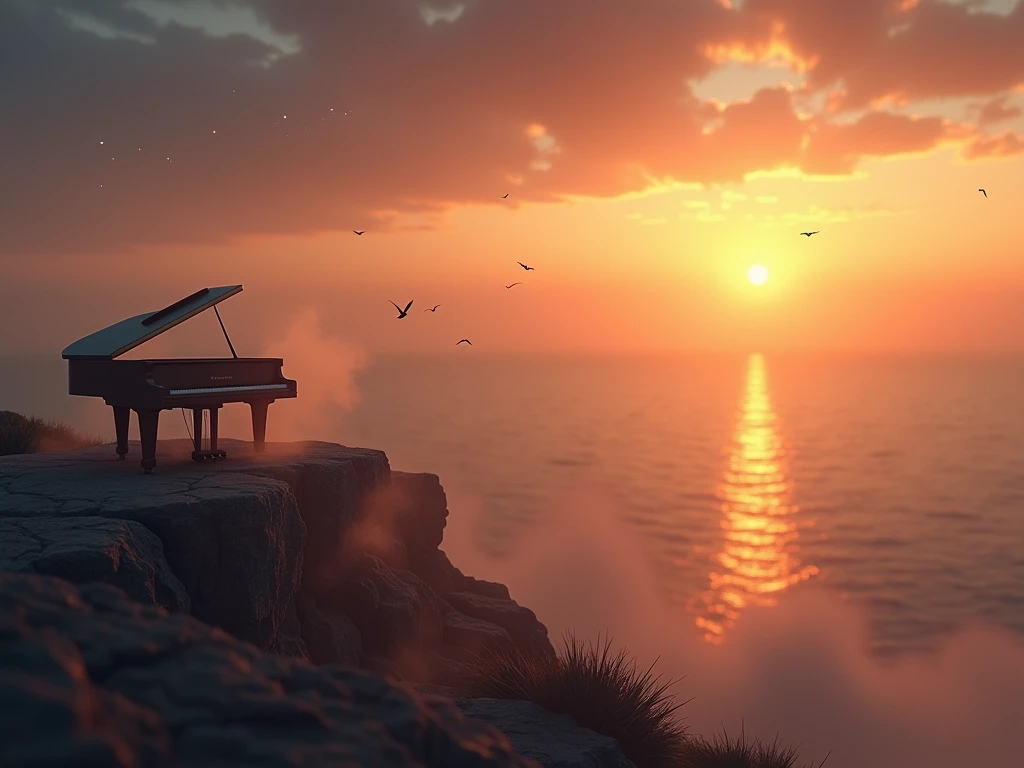 A breathtaking, ultra-high-definition 8K scene featuring a serene, dreamlike landscape at sunset. A solitary grand piano rests on the edge of a cliff overlooking a calm, vast ocean. The keys of the piano seem to glow softly, reflecting the golden and amber...