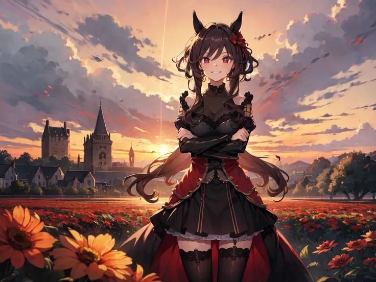 Face shot, see-through top, tights, horse-like ears, skirt with side slits, sideways view, arms crossed, smiling and showing gums, looking straight ahead, inside a castle, surrounded by red flower fields, red sky in the background, strong wind blowing, bes...