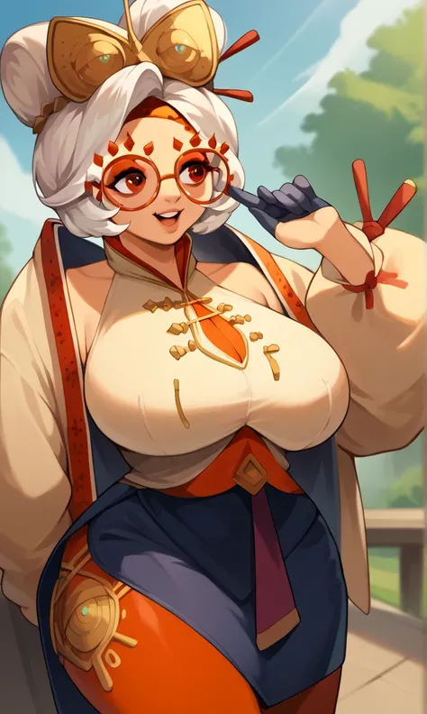 
score_9, score_8_up, score_7_up, score_6_up, score_5_up, score_4_up, (source_anime), purah, 1girl, huge breasts, narrow waist, thick thighs, hair ornament, red headband, red glasses, sleeveless shirt, white coat, black skirt, red leggings, gloves, high he...