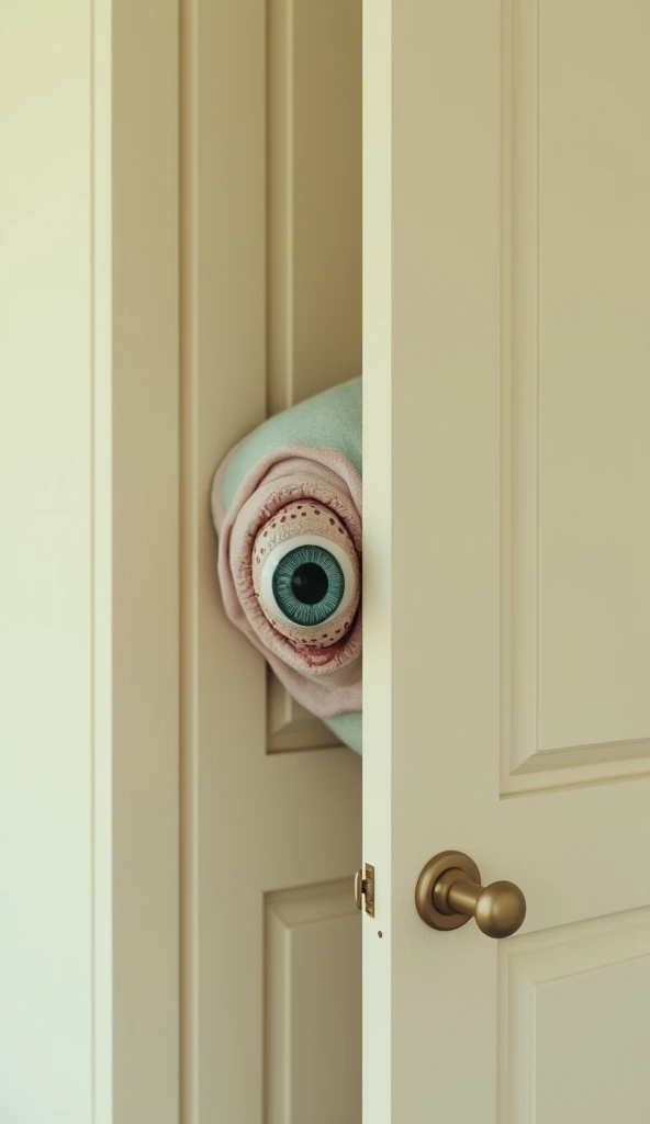 ((left eyes of clown is peeking out of the little hole in the door)), against a cream colored wall, super sharp image, ((the details of each element look sharp, with perfect focus on the entire image without any blur or bokeh effects)), high resolution, 4k