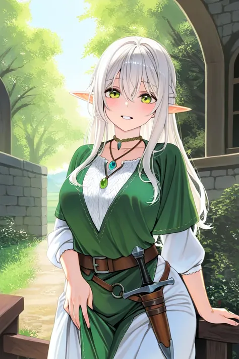 28-year-old medieval elf and the face of an adult woman, white hair, She wears a green amulet around her neck and has a strong connection with nature and a dagger in her hand 