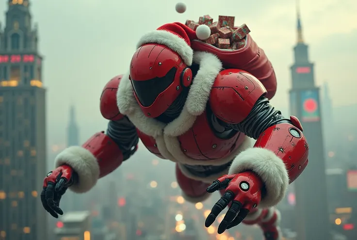 A scene from a movie in which a huge, futuristic robot modeled after Santa Claus flies over a city on Christmas Eve, handing out presents. The robots head is shaped like a red helmet and it wears a Santa hat. Its body is based on the red of Santas clothes,...