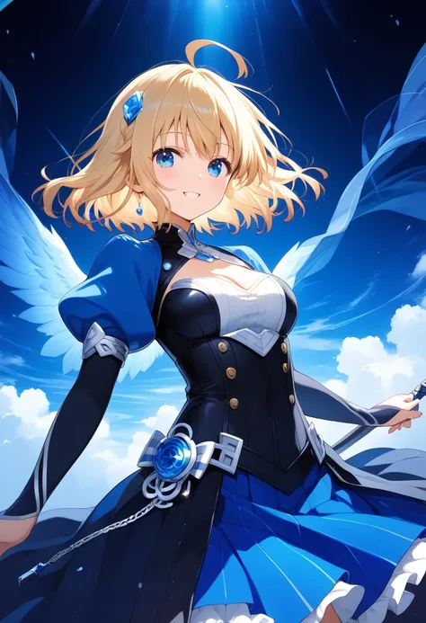 masterpiece, best quality, extremely detailed CG unity 8k wallpaper, a cool girl with short blonde hair, sharp blue eyes, wearing a highly detailed Asbel Lhant (female version) cosplay costume, a white and blue outfit with a sword at her hip, in a training...