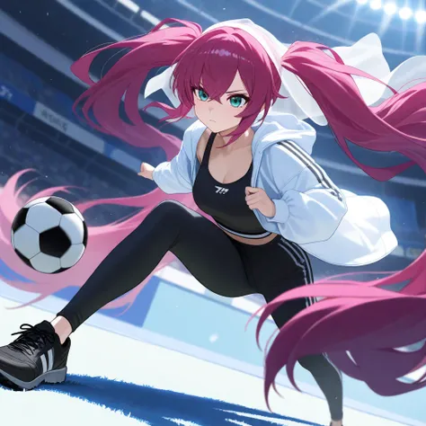 An anime-style, light-skinned Japanese teenager stands with her foot on a soccer ball and a serious expression on a soccer field under the quiet veil of falling snow. The night air is cold and still, adding an air of solemnity to the scene. Her magenta hai...