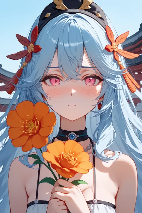 rocbouquet, romancing saga 2, seven heroes, pink eyes, light blue hair, (soft wavy hair:0.5),semi-long hair ,hair ornament, black choker ,necklace,black hairband, (orange furisode)
BREAK
25 year old woman、medium breasts, slender body,largish eyes ,oblong f...