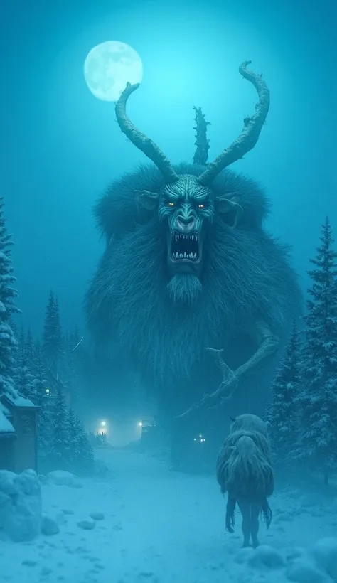 A terrible creature called Krampus with huge, twisted horns ,  sharp claws shining in the moonlight and a wide, sinister smile looking out at a snow-covered village in the background under an icy, moonlit sky