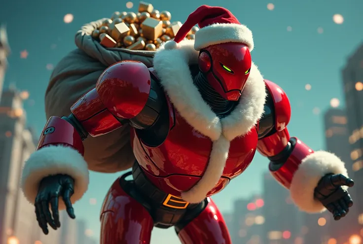 A scene from a movie in which a huge, futuristic robot modeled after Santa Claus flies over a city on Christmas Eve night, handing out presents. The robots head is shaped like a red helmet and it wears a Santa hat. Its body is based on the red of Santas cl...