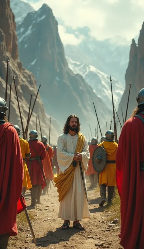 Jesus Christ standing , amidst a fierce medieval battle between two warring nations. Clad in simple white robes, His expression is calm and compassionate. On one side, soldiers in vivid red armor clash fiercely with soldiers in bright yellow armor from the...