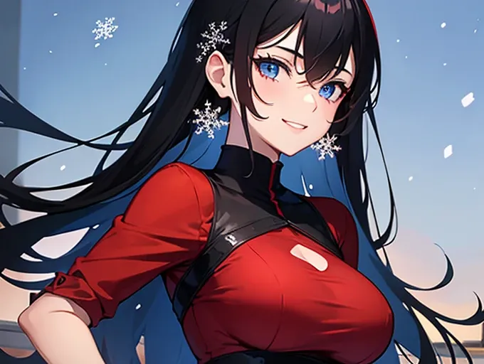 Women, beautiful,  black hair, dressed for Christmas, Red clothes, sexy,  blue eyes , smile,  anatomy,  medium breasts, slim, snowflakes falling around, high details, high quality, fully body