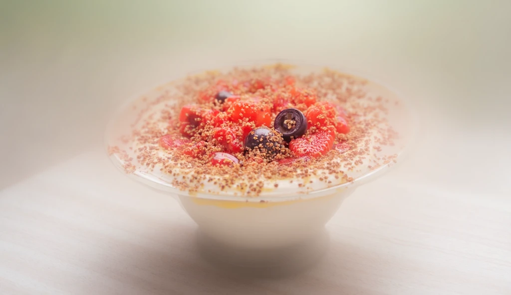 "A bowl of creamy, unsweetened Greek yogurt topped with fresh strawberries, blueberries, and a drizzle of honey. A few chia seeds and a sprinkle of granola add texture and crunch. The bowl is placed on a light wooden table with a soft morning light filteri...