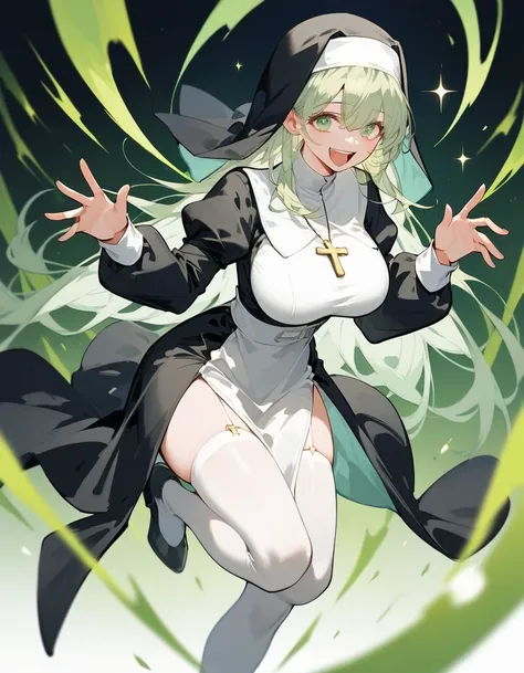 Score_9,Score_8_up,Score_7_up,highest quality, source_anime, highest quality, BREAK 1 girl, cute, 28 years old, curvy, (long hair:1.2), (light green hair, bangs, light green eyes, large breasts), big laugh, long legs, nun, BREAK