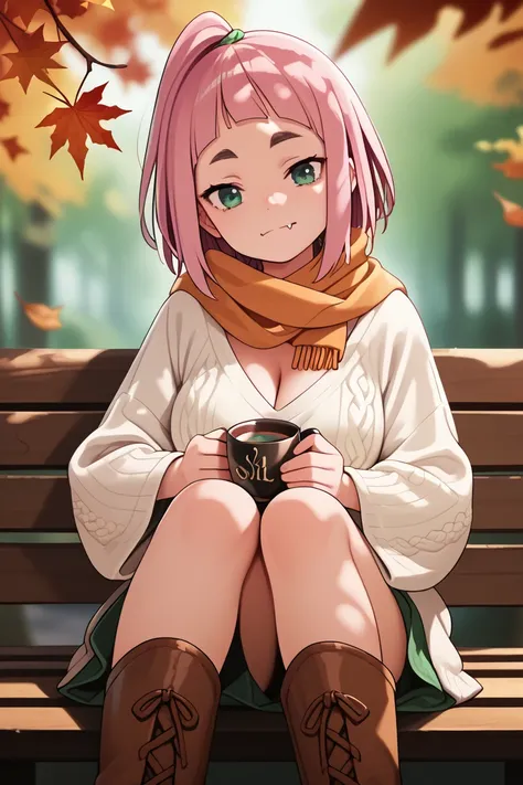 source_anime,
kiuiwatase, kiui watase, short hair, bangs, green eyes, pink hair, thick eyebrows,blunt bangs, open hair
skin fang, large breasts, cleavage,                        autumn forest theme, warm golden leaves, wearing a cozy oversized sweater (cre...