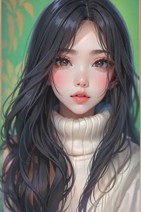 a beautiful young woman, detailed face, long black hair, wearing a thin white sweater, 立って, a smartphone, amazing high definition painting