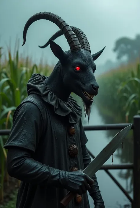 A hyper-realistic close-up of a creepy, menacing clown in torn clothes standing confidently holding a sharp-tipped knife in the rain near a farm gate. A creepy black goat with red eyes has sharp, predatory features: jagged teeth, claw-like hooves, and shar...