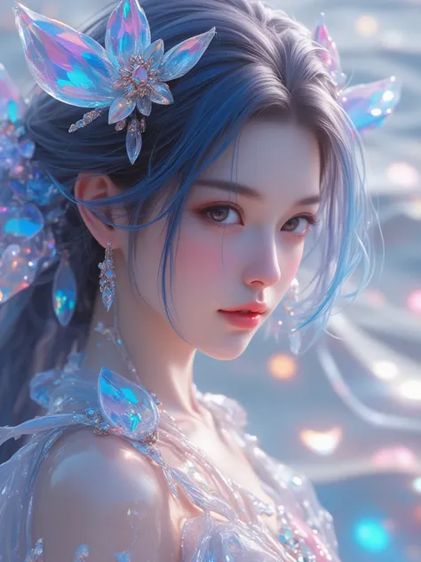 Wonderful fantasy world art, photorealistic 3D rendering of a stunning liquid-like girl. Her whole body is composed of glittering translucent liquids with vibrant, harmonious color gradients, suggesting movement and energy,the design of the figure emphasiz...