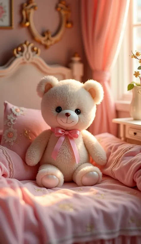 cute plush bear🧸、 pink ribbon、 INSIDE A MINIATURE HOUSE ROOM、 FRENCH INTERIOR ，Light Sparkling 、Stylish、PINK INTERIOR 、 Bedroom、fireplace、 real