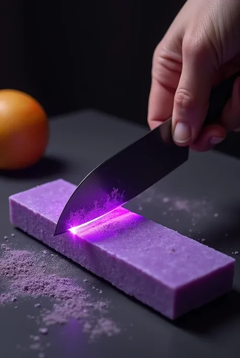 A knife being sharpened on the purple lux stone in the background