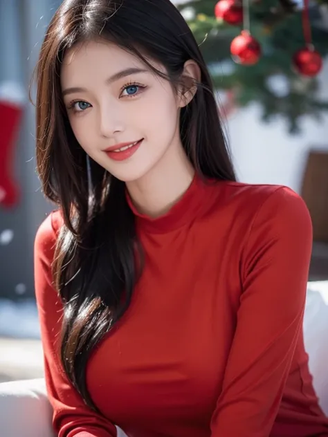 Women, beautiful,  black hair, dressed for Christmas, Red clothes, sexy,  blue eyes , smile,  anatomy,  big breasts, slim, snowflakes falling around.