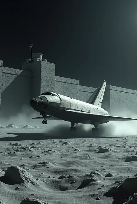 Close up of a government shuttle landing on the moon next to a prison, nightmare, highest definition, highest detail, highest quality 