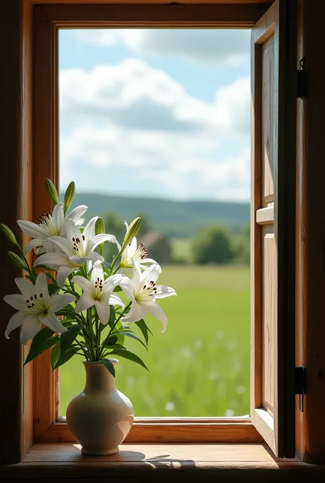 Point of view from a wooden window with a beautiful serene countryside rustic cottagecore beauty and charm with a small porcelain vase full of lillies
High Resolution, Masterpiece, Best Quality, High Details, Super Detailed, UHD, Textured Skin, Cinematic, ...