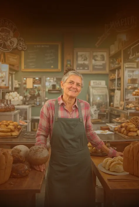 a realistic photo of a bakery managed by a woman