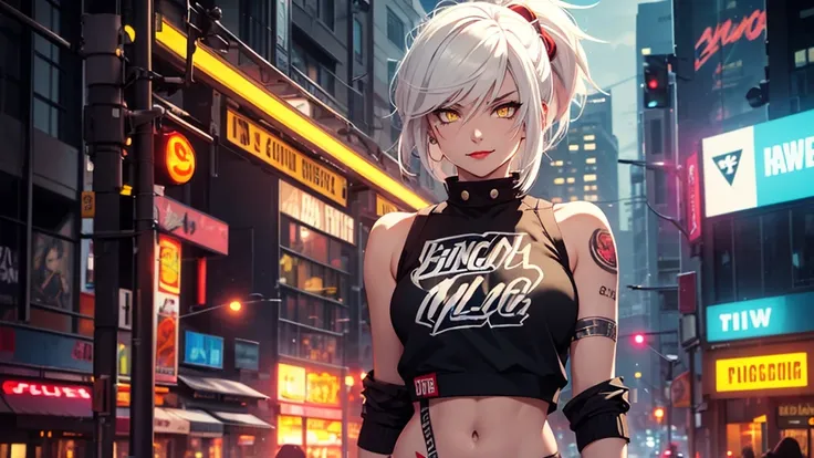 image of tomboy girl, solo, masterpiece, white hair, undercut hairstyle, yellow eyes, masterpiece, image of a wild girl with tattoo, midriff, punk, red eyeshadow, wild, smirk on face, city at nighttime, neon colors lighting, moody, shadows, 1 girl, Red Lip...