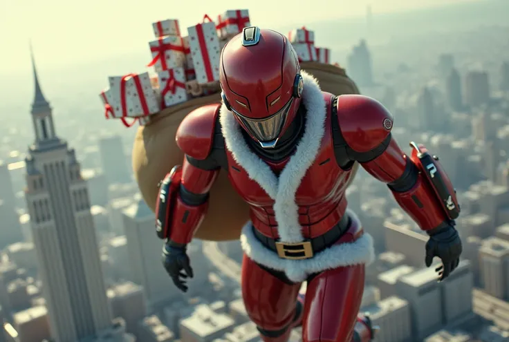 A scene from a movie in which a giant robot wearing futuristic armor modeled after Santa Claus flies over a city on Christmas Eve, handing out presents. The robots head is shaped like a red helmet and it wears a Santa hat. Its body is based on the red Sant...