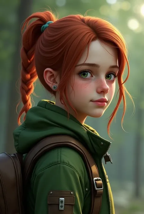 Retrato altamente detallado de Ellie de the Last of Us, Ellie Williams  (the Last of Us),  Teenager , young, s, red hair , tied hair,  green eyes, parts, parts en la cara, slim,  wearing a green jacket and backpack 