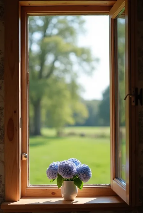 Point of view from a wooden window with a beautiful serene countryside rustic cottagecore beauty and charm with a tiny porcelain vase full of hydrangeas in one corner.
High Resolution, Masterpiece, Best Quality, High Details, Super Detailed, UHD, Textured ...