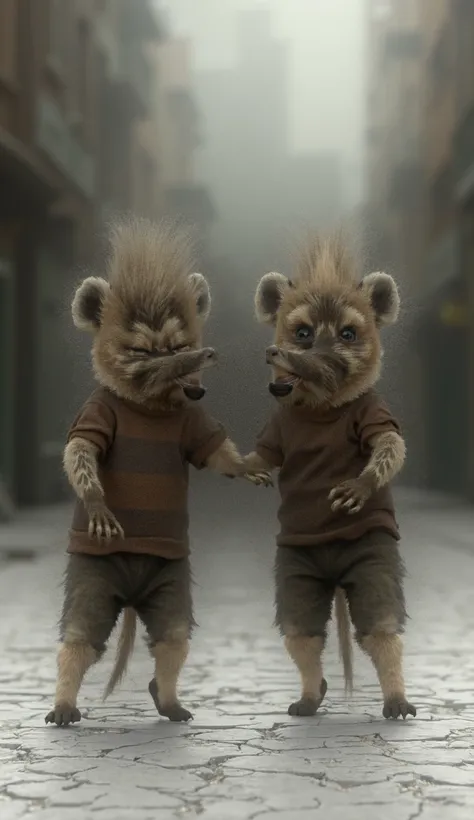 Realistic image of two male and female striped hyena cubs wearing casual clothes playing on the street with an old building in the background