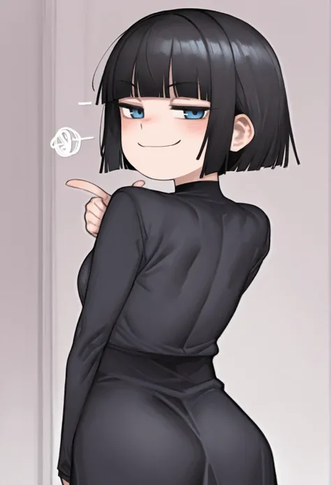 score_9,s core_8_up, score_7_up, kelvinhiu,
1girl, solo, 
black hair, short hair, blunt bangs, blue eyes, smug, front facing
looking back