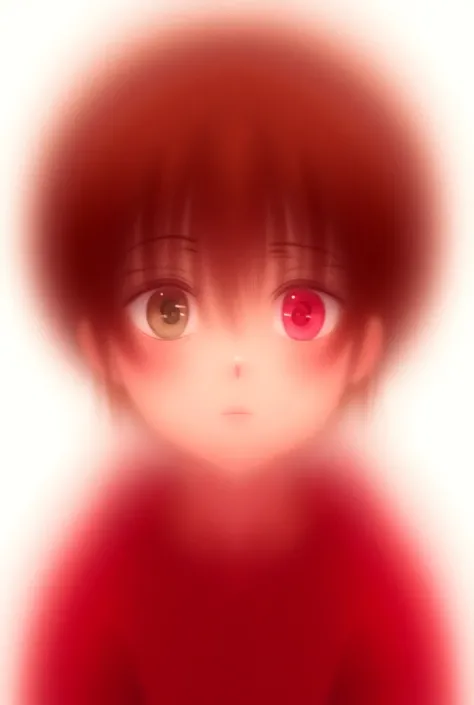 A white-eyed, red-eyed, brown-haired boy wearing a red sweater, anime-style drawing