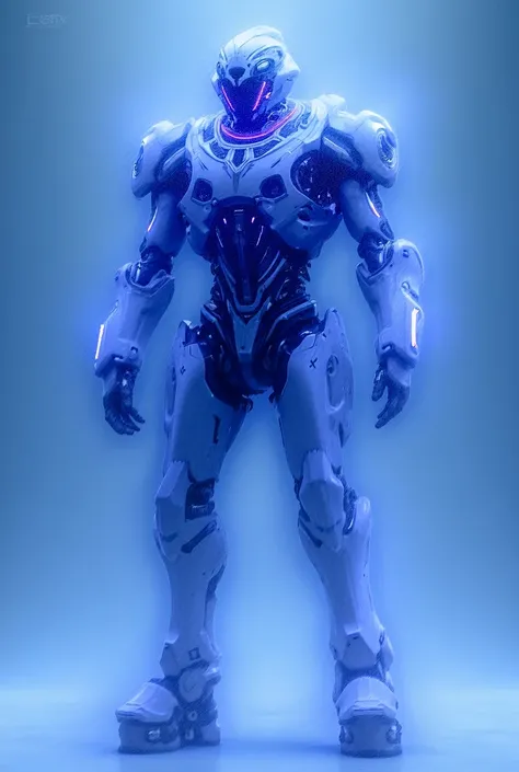 Generate me a image of a futuristic robot soldier with the color theme of white and neon purple and blue (no explanation just straight up send me a generated picture)