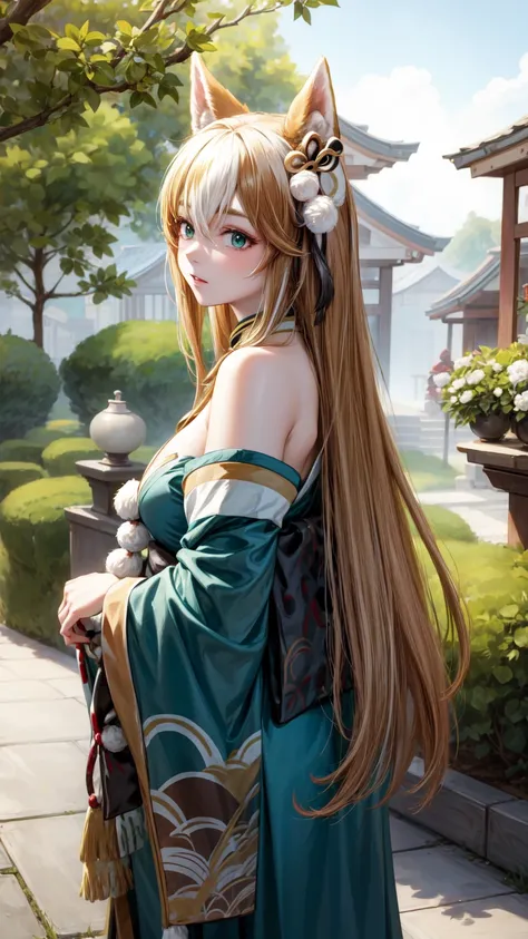  masterpiece,  best quality, De alta calidad,  upper body ,  outdoor,  looking at the spectator ,  a girl, hina-fi  ,  Bicolor Hair  ,  Japanese clothing  , Green Kimono, cola,  bare shoulders,