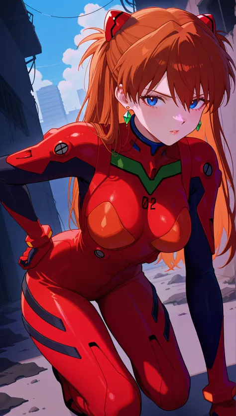 (masterpiece), (portrait), medium breasts (aesthetics), ((1 female 21 years old)), Highlight earrings), ((long hair)), ((Hot crystal brown hair)), ((Asuka Soryu Langley, slightly destroyed armor)) straight hair, thin eyes open, cold look, blue eyes, cute, ...