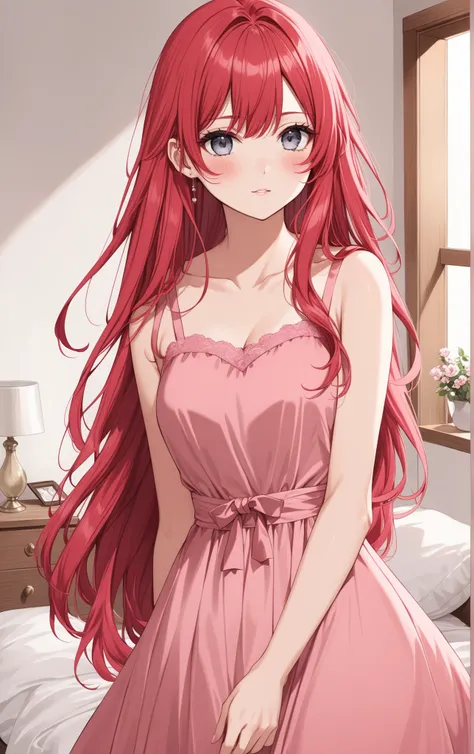 a ,  red haired, gray eyes ,  Long hair,  pink dress  , Fund a bedroom for ren