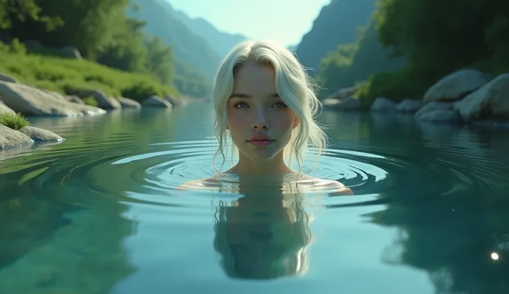 A dreamlike depiction of the woman’s image appearing as a reflection in a crystal-clear river, symbolizing how she’s a part of his soul.cinematic 3D
