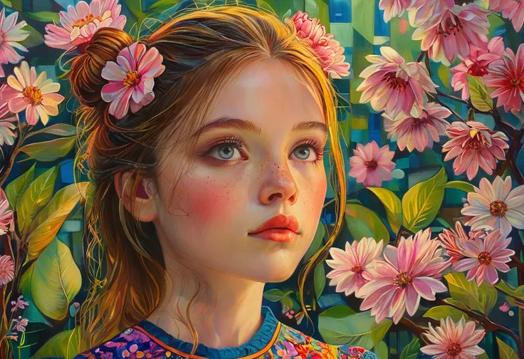 A beautiful girl in a garden,1girl,ultra-detailed face,detailed eyes,long eyelashes,beautiful detailed lips,floral dress,sun rays,lush greenery,cherry blossom petals,vibrant colors,whimsical,Julie Paschkis inspired,masterpiece,best quality,8k,photorealisti...