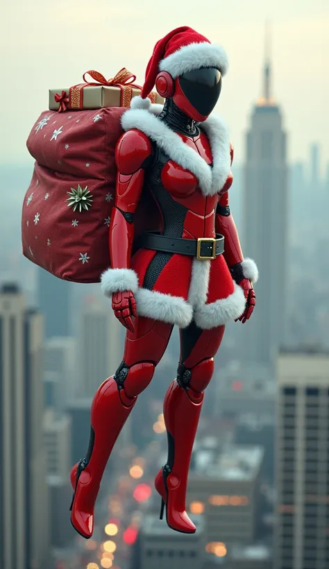 A scene from a movie in which a giant feminine robot wearing futuristic armor modeled after Santa Claus flies over a city on Christmas Eve, handing out presents. The robots head is shaped like a red helmet and it wears a Santa hat. Its body is based on the...