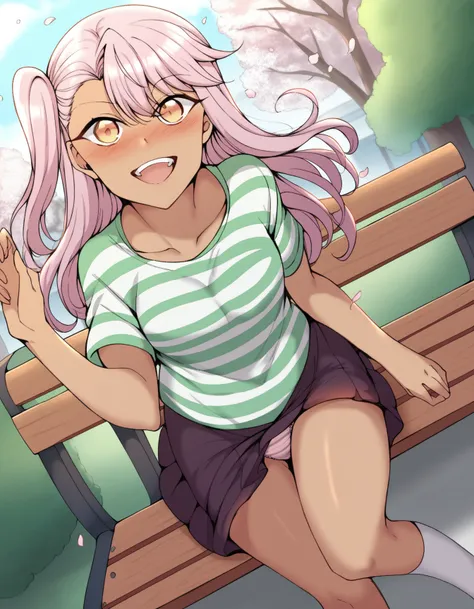 score_9, score_8_up, score_7_up, source_anime, chloe von einzbern, long hair, hair between eyes, yellow eyes, pink hair, dark skin, dark-skinned female,, skirt, shirt, collarbone, white shirt, short sleeves, shorts, socks, striped, one side up, white socks...