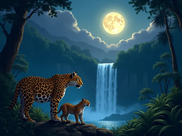 full moon night. We see Oça Pinta and her cub looking at the waterfall. In the background, We see a region of Sanana ,  with a beautiful waterfall far away. On the horizon, dark rain clouds.  