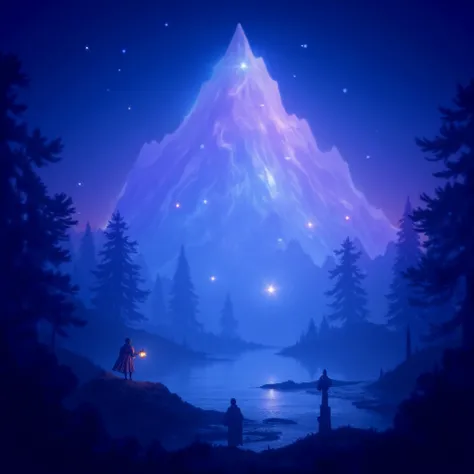 Create a vivid and surreal fantasy landscape. The scene features a towering crystal mountain glowing in soft pastel hues under a twilight sky filled with swirling galaxies and shimmering stars. At the base of the mountain, a serene lake mirrors the cosmic ...