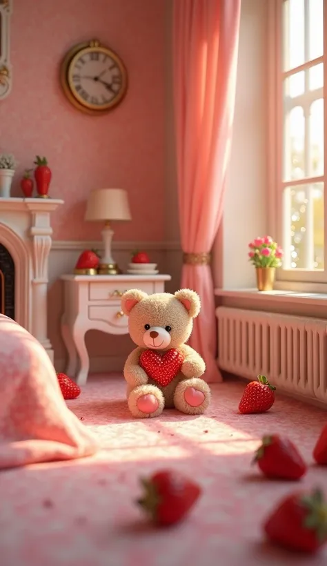  INSIDE A MINIATURE HOUSE ROOM、 FRENCH INTERIOR ，Light Sparkling 、Stylish、PINK INTERIOR 、 Bedroom、fireplace、 real、cute plush bear、strawberry、Jade Wallpaper，A lot✨