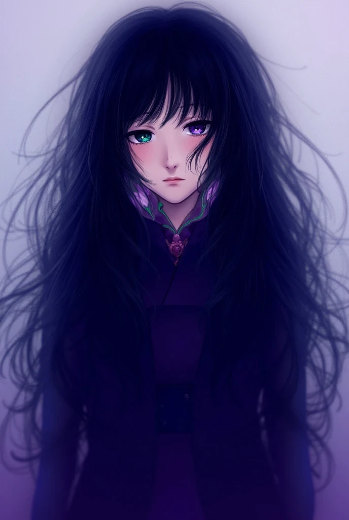  A girl in the world of Demon Slayer ,  long wavy black hair with a cherry blossom brooch in a lock,  green eyes with purple touches ,  black jacket uniform with a high collar , a purple kimono with black , a black katana with pink touches,  purple and gre...