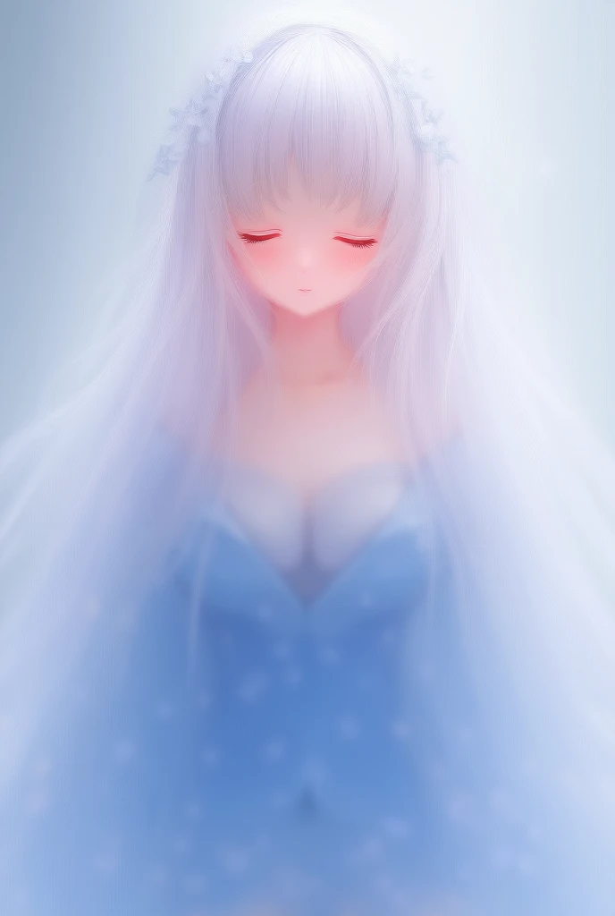  An anime girl with long white hair wearing blue pajamas with stars while wearing a headpiece matching her pajamas, she had huge breasts and a sleepy expression 