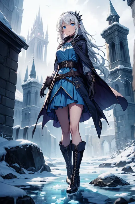 ((masterpiece, best quality:1.3, high detail)), beautiful woman looking at viewer, long straight hair, (white hair), hairpin, bright blue eyes, dark blue, (white blouse long sleeves), coat, ((((long blue skirt)))), (belt, gloves, boots), collarbone, ((atmo...